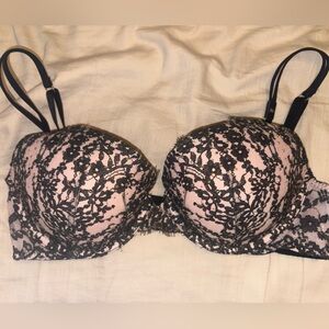 Victoria's Secret Very Sexy Push Up Black Lace Overlay Pink Bra with gems NWT